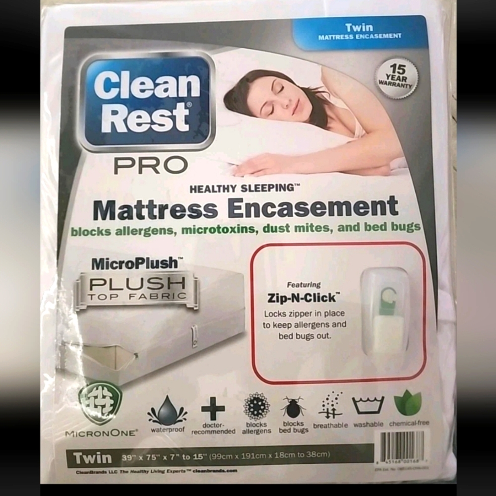 Clean Rest Pro Twin Matress Encasement Waterproof Blocks Alergens, Microtoxins &